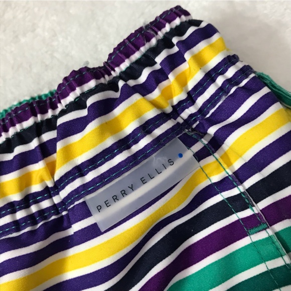 Perry Ellis Striped Men's Medium Swim Trunks Board Shorts Green Blue Yellow - Picture 3 of 13